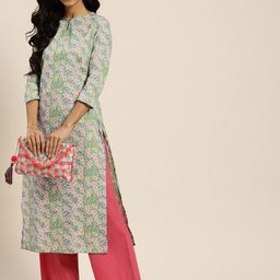 Sangria Women Green & Pink Floral Printed Cotton Keyhole Neck Floral Kurta-48