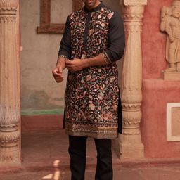 Jompers Floral Embroidered Thread Work Mandarin Collar Kurta With Pyjamas-image-46