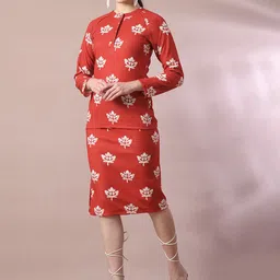 Roadster Rust Printed Round Neck Top With Skirt-10