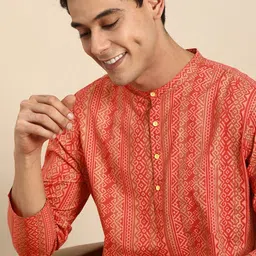 Anouk Men Orange & Gold-Toned Ethnic Motifs Printed Pure Cotton Kurta-38
