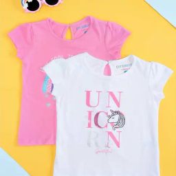 Pantaloons Junior Kids Pink & White Cotton Printed T-Shirt (Pack of 2)-image-84