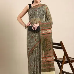 SHANVIKA Beige & Mehandi Green Cotton Geometric Print Saree With Unstitched Blouse-image-90