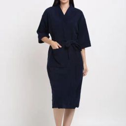 Creeva Everyday Navy 225 GSM Micro Terry Bathrobe with Front Pocket & Kimono Collar-image-30