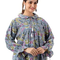 DMP FASHION Floral Print Tie-Up Neck Flared Sleeve Cotton Top-image-93