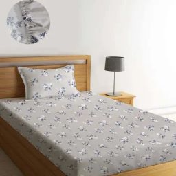 Klotthe Grey Cotton Blend 300 TC Single Elastic Bedsheet With 1 Pillow Cover-image-65