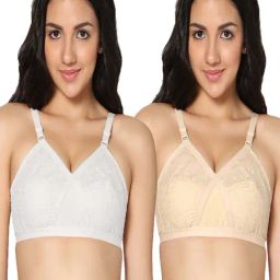 IN CARE White & Cream Cotton Embroidered T-Shirt Bras - Pack Of 2-image-49