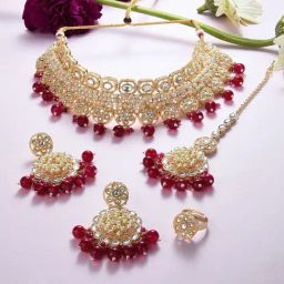 Zaveri Pearls Rani Pink Beads Kundan Cluster Pearls Necklace Earring Maangtikka & Ring Set-ZPFK16231-13