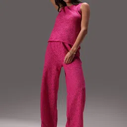 Obleka Embroidered Round Neck Top With Trousers Co-Ords Set-15