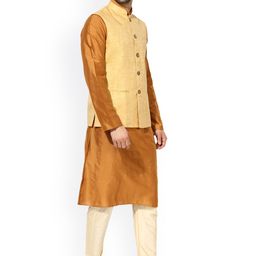 KISAH Men Brown & Cream-Coloured Self Design Kurta with Pyjamas & Nehru Jacket image 3