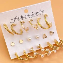 OOMPH Golden Tone Crystal & Pearl Fashion Ear Drop & stud Earrings for Women - Set of 9-image-9