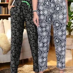 Kryptic Black & Charcoal Cotton Relaxed Fit Printed Lounge Pants - Pack of 2-image-73