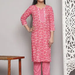 Bholukart Girls Floral Printed Notch Neck Straight Kurta With Trousers-image-80