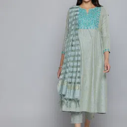 HERE&NOW Grey & Blue Embroidered Cotton Kurta with Trousers & With Dupatta-picture-11
