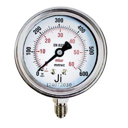 "Ji" Japsin Instrumentation Capsule Pressure Gauge, 2 1/2" (63 mm) Dial, Range 0 to 600 mmWc With Dual Scale of 0 to 60 mBar, Direct Bottom Entry, 1/4" BSP (M) Connection, SS Case & SS Wetted Parts image 1