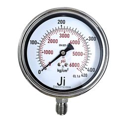 "Ji" Japsin Instrumentation Economical Pressure Gauge, 4" (100 mm) Dial, Range 0 to 420 Kg/Cm2 with Dual Scale of 6000 PSI, Direct Mounting Bottom Entry, 3/8" BSP (M) Connection, SS Body image 1