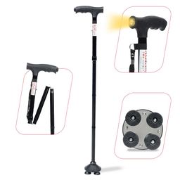 ageasy Foldable Walking Stick with 360-Degree Pivoting Quad Base | Adjustable Height, Lightweight Aluminium | Built-in LED Torch, Comfortable Cushion Handle for Old Age Men & Women (Black) image 1