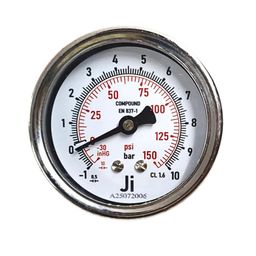 "Ji" Japsin Instrumentation Economical Compound Gauge, 2 1/2" (63 mm) Dial, Range -1 to 10.6 Bar with Dual Scale of 150 PSI, Direct Mounting Back Entry, 1/4" BSP (M) Connection, SS Material image 2