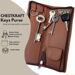 chestkraft PU Leather Long Key Case Pouch Wallet Keychain Key Holder with 6 Hooks Zipper Closure (Tan-25.5 x 8.5 cm)-Double TAN image 5