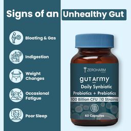 holistic curcumin Gut Army Prebiotics & Probiotics - 10 Unique Strains Blend -100 Billion CFU - With Inulin & Probiotics Blend - Supports Gut Digestion Health & Bowel Movement - 180 Capsules By ZEROHARM image 3