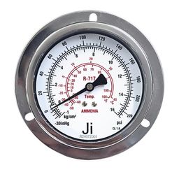 "JI" Japsin Instrumentation Economical Ammonia Gauge, 4" (100 mm) Dial, Range -30 inHg to 225 PSI with a Dual Scale of -1 to 16 Kg/cm2, Panel Mounting Back Entry, 3/8" BSP (M) Connection, SS Body image 1