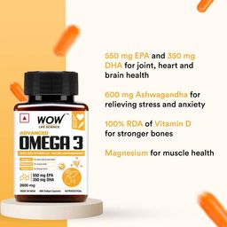 WOW Life Science Advanced Omega 3 Capsule for Men and Women with 100% RDA Vitamin D, Ashwagandha, Magnesium, Vitamin B6 & B12 |For Muscle, Joints, Heart & Cognitive Support -2600mg (550mg EPA:350mg DHA) – 60 Capsules image 3