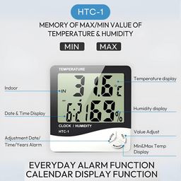 generic Wonderrmall™ (Pack of 2) HTC-1 Indoor Digital Hygrometer Thermometer With Room Temperature Clock Alarm Display for Precise Humidity Monitoring Wall Mounted Tabletop Wireless Smart Analog Device image 5