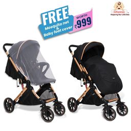 Infantso GlideX Premium Baby Stroller / Pram, Reversible Handle, One-Hand Fold and 360° Rotating Wheels,, Travel Friendly, 5 Points Safety Harness, Extendable Canopy, Multilevel Recline, Adjustable Footrest, Easy Fold, Shock Absorption Wheels, for babies 0 to 3 years ( Black Golden ) image 2