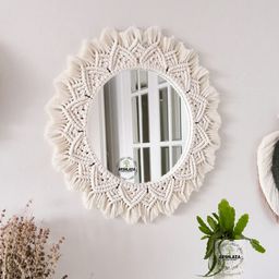 ARSHLAZA Macrame Hanging Wall Mirror with Macrame Round Mirror Art Boho Decor [M4FOOL] Framed, off-white image 1