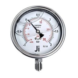 "Ji" Japsin Instrumentation Economical Glycerin Filled Compound Gauge, 4" Dial, Range -1 to 2.1 Bar (Dual Scale of -30 inHg to 30 PSI), Direct Bottom Entry, 3/8" BSP (M) Connection, SS Material image 1