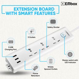 EMBOX Extension Board with USB (2.4 A) 3 USB Ports with Master Switch, Spike Guard, 6 amp Universal Sockets, LED Indicator and Safety Shutter, 2 Meter Extension Cord image 3