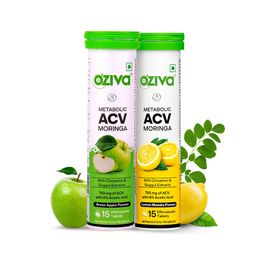 OZiva ACV Moringa | Control Cravings I Apple Cider Vinegar, Cinnamon I No Maltodextrin & No Added Sugar I 15 Effervescent Lemon Masala & Green Apple, Pack of 2 (30 Tablets) image 1
