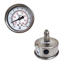 "Ji" Japsin Instrumentation Economical Compound Gauge, 2 1/2" (63 mm) Dial, Range -1 to 10.6 Bar with Dual Scale of 150 PSI, Direct Mounting Back Entry, 1/4" BSP (M) Connection, SS Material image 1