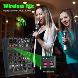 digimore D-300 4 Channel Professional Audio Mixer With Dual Wireless Mic, Sound Board Console 16 DSP Controls MP3 Bluetooth 48V Phantom Power USB Interface DJ Mixing for Home Karaoke Party Studio Recording image 5