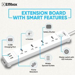 Embox 5 Meter Extension Board with USB & Master Switch-6A Spike Guard with 4 Universal Sockets 3 USB Ports Safety Shutter LED Indicator-2500W image 3