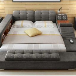 generic Modern Multifunctional Platform Bed Frame with Built-in Speakers, Storage, and Tufted Headboard, Grey image 1