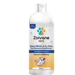 ZOIVANE 5 in 1 Extra White Cat Shampoo with Conditioner (200ml) | Reduces Hair Fall | Enhances Coat Brightness | Ideal for Persian Cats, Kittens, and All Breeds (Pack of 1) image 1