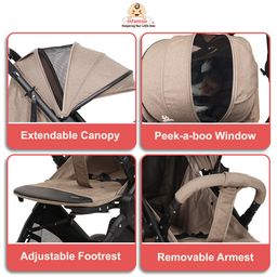 Infantso GlideX Premium Baby Stroller / Pram, Reversible Handle, One-Hand Fold and 360° Rotating Wheels,, Travel Friendly, 5 Points Safety Harness, Extendable Canopy, Multilevel Recline, Adjustable Footrest, Easy Fold, Shock Absorption Wheels, for babies 0 to 3 years ( Khaki ) image 5