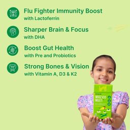 lumy MultiVitamin Gummies For Kids: Pre+Probiotic, DHA For Happy Gut, Bright Brains|30 Gummies|Plant Vit D3 & Lactoferrin|Vit A,B,C, Zinc For Immunity, Vision & Bone Health|Veg|Age 7-15 image 2