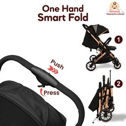 Infantso GlideX Premium Baby Stroller / Pram, Reversible Handle, One-Hand Fold and 360° Rotating Wheels,, Travel Friendly, 5 Points Safety Harness, Extendable Canopy, Multilevel Recline, Adjustable Footrest, Easy Fold, Shock Absorption Wheels, for babies 0 to 3 years ( Black Golden ) image 4