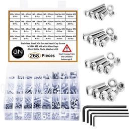 Generasis - SS304 | M3, M4, M5, M6 | Nut & Bolt Sets | 4 - Sizes | Stainless Steel Socket Head Cap Screws, Nuts, Washers & Allen Keys Assortment Kit – Storage Box for DIY, Home Use (Pack of 268) image 1