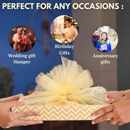 SATYAM KRAFT 3 Pcs Multipurpose Decorative Folding Gift Box | Folding Paper Hamper Boxes for Return Gifts, Sweets, DIY Craft | Rectangular Cardboard Tray with Net (Golden, Pack of 3) image 4