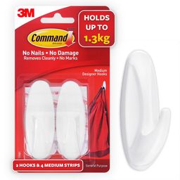 command 3M Command, Medium Designer wall hooks, Upto 1.3kg Heavy duty, Hold Strongly, Reusable Adhesive hooks for wall, Multi-surface damage free hooks for hanging (white , 2 hooks, 4 strips), Plastic image 1