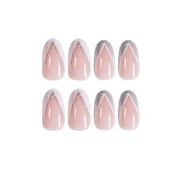 Gloss & Go 24 Reusable Artificial Fake Nail Set| Peach White Silver Glitter Triangle Design Nails| Lightweight & Long Lasting| Easy To Use| Quick Fix For Festivals & Special Occasions image 3