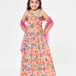 Babyhug Sleeveless Sequenced Choli With Lehenga And Dupatta Floral Print- Pink & Beige-image-32