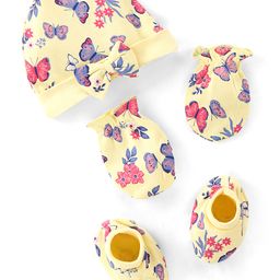 Babyhug 100% Cotton Cap Mittens & Booties Floral Print - Yellow-image-32