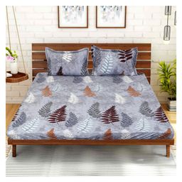 Kuber Industries Fitted Double BedsheetLeaf Print Premium Glace Cotton Elastic Bedsheet With Two Pillow Covers,72 x 78 Inch(Gray)-picture-39