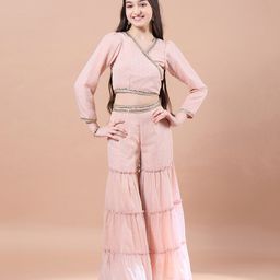 Pspeaches Georgette Three Fourth Sleeves Polka Dots Printed & Mirror Work Embellished Top With Palazzo - Peach-picture-8