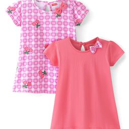 Babyhug Single Jersey Knit Half Sleeves Frocks With Cheery Print & Bow Applique Pack of 2- Pink-image-33