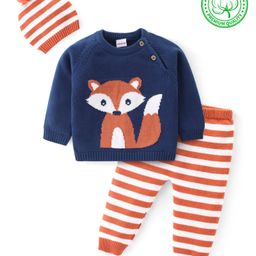 Babyhug Knitted Full Sleeves Pullover Sweater Set with Cap Striped & Fox Design - Navy Blue & Orange-image-46