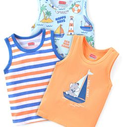 Babyhug 100% Cotton Sleeveless Antibacterial Vests Striped & Boat Print  Pack of 3 - Orange & Navy Blue-image-53